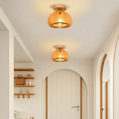 Rustic Semi Flush Ceiling Light Brown Natural Wood Dome Image - 5