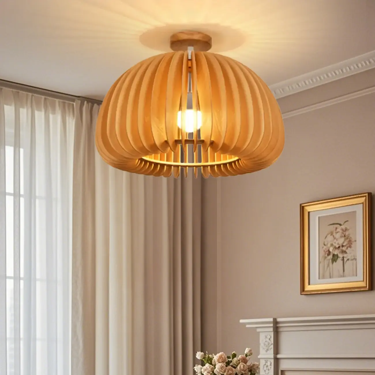 Rustic Semi Flush Ceiling Light Brown Natural Wood Dome Image - 6 | homeyfad