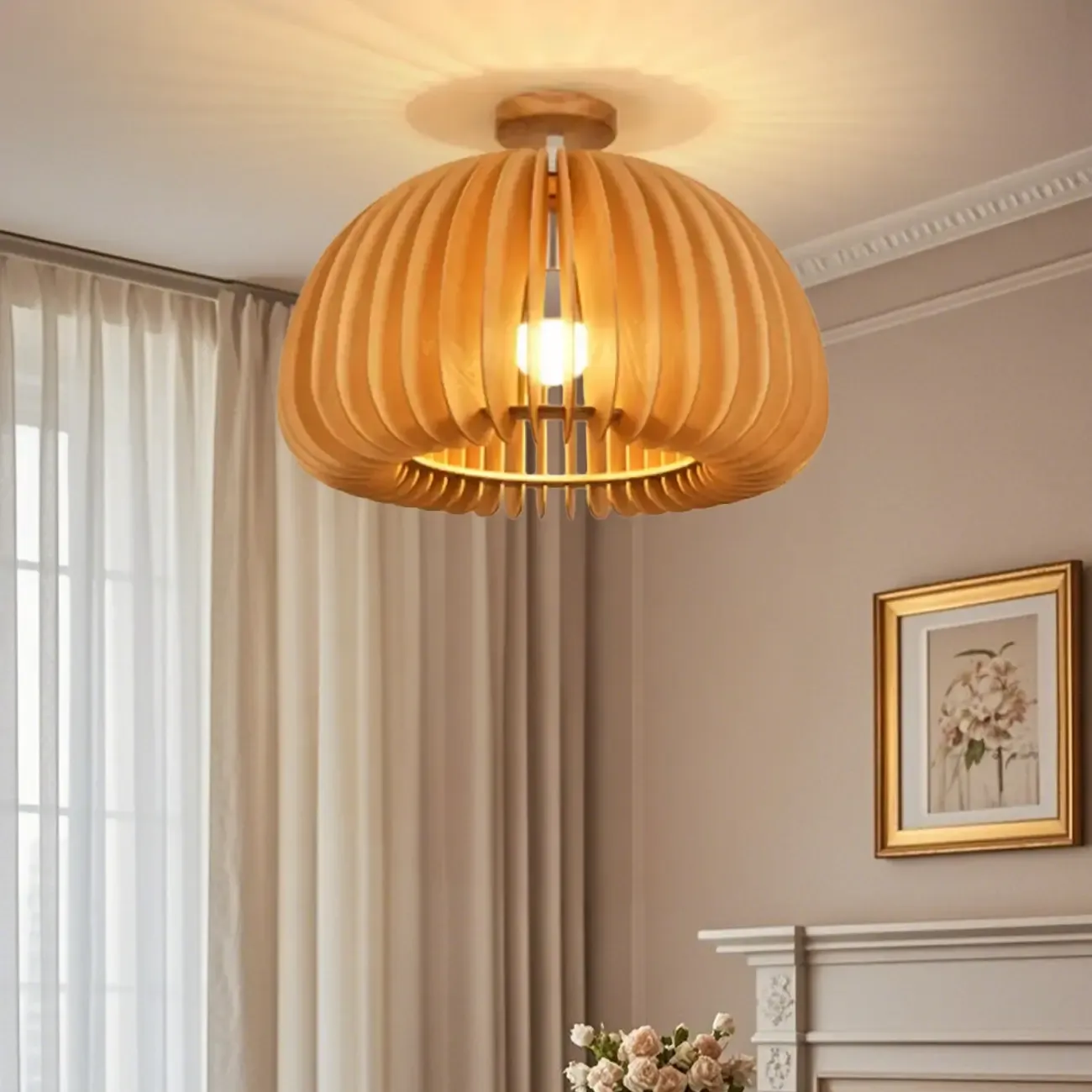 Rustic Semi Flush Ceiling Light Brown Natural Wood Dome Image - 6