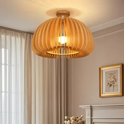 Rustic Semi Flush Ceiling Light Brown Natural Wood Dome Image - 6