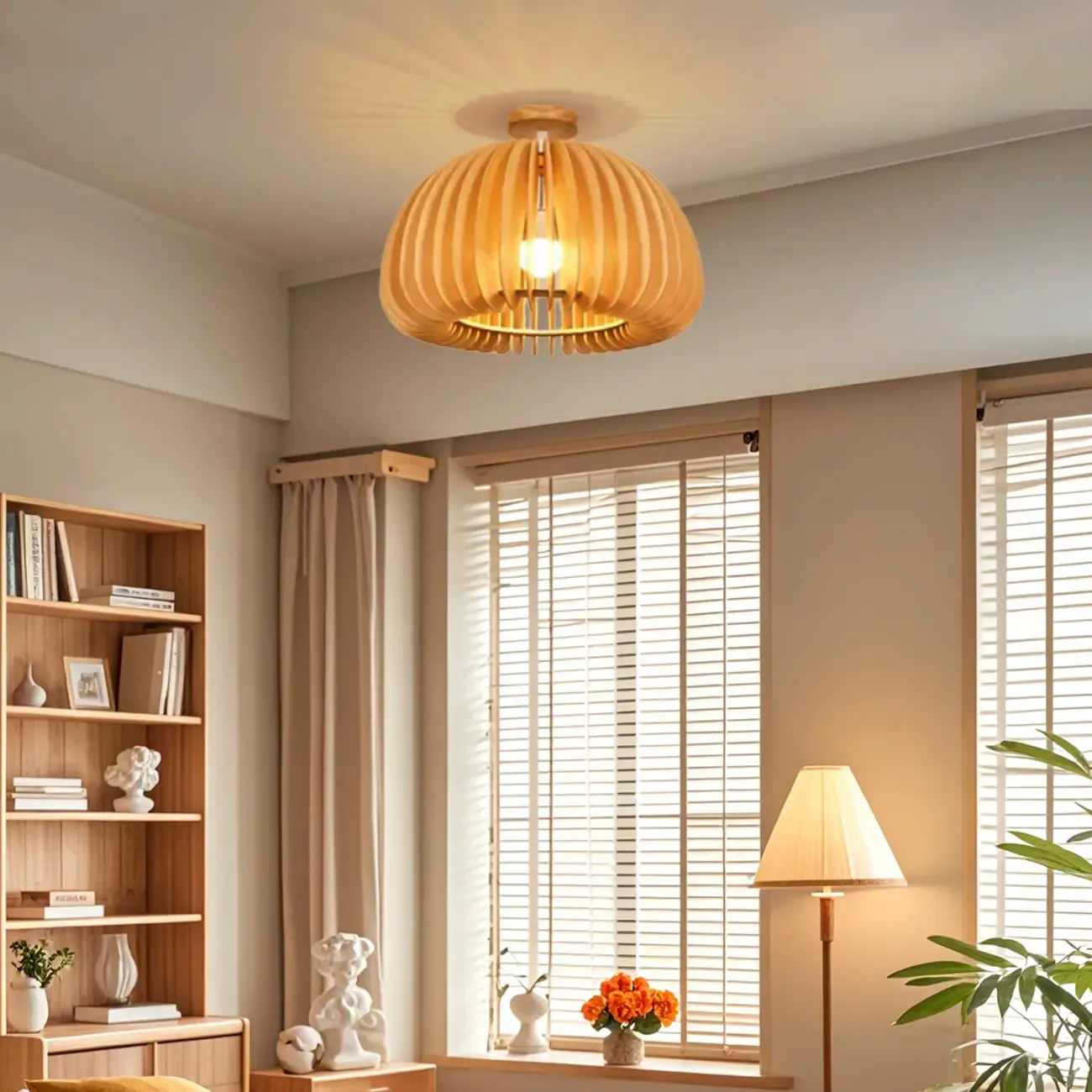 Rustic Semi Flush Ceiling Light Brown Natural Wood Dome Image - 2