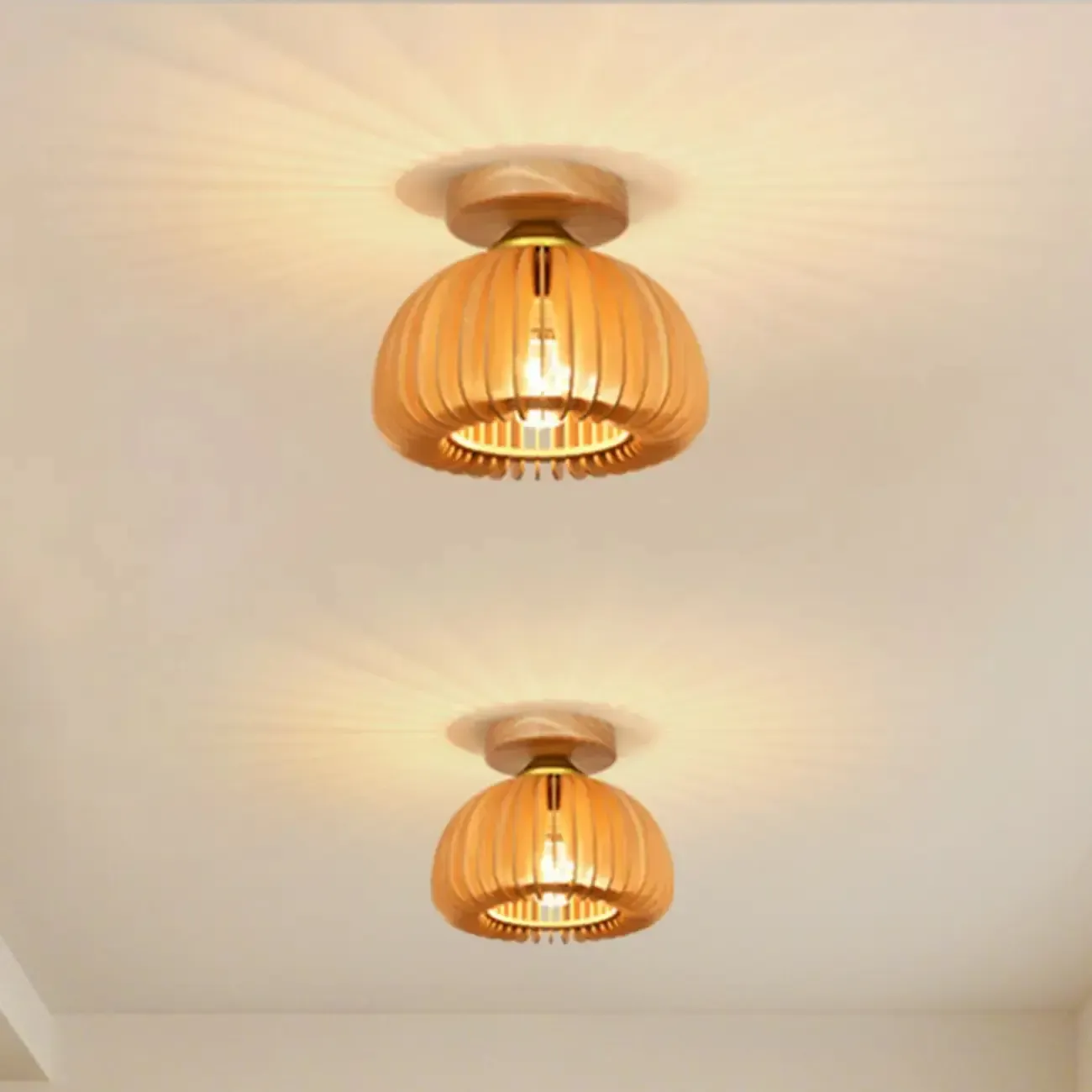 Rustic Semi Flush Ceiling Light Brown Natural Wood Dome Image - 7