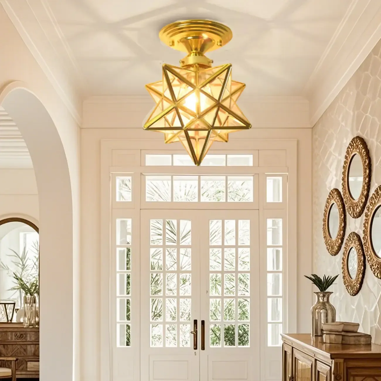 Gold Star Glass Shade Metal Semi Flush Ceiling Light Image - 1