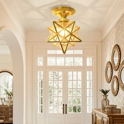 Gold Star Glass Shade Metal Semi Flush Ceiling Light Image - 1
