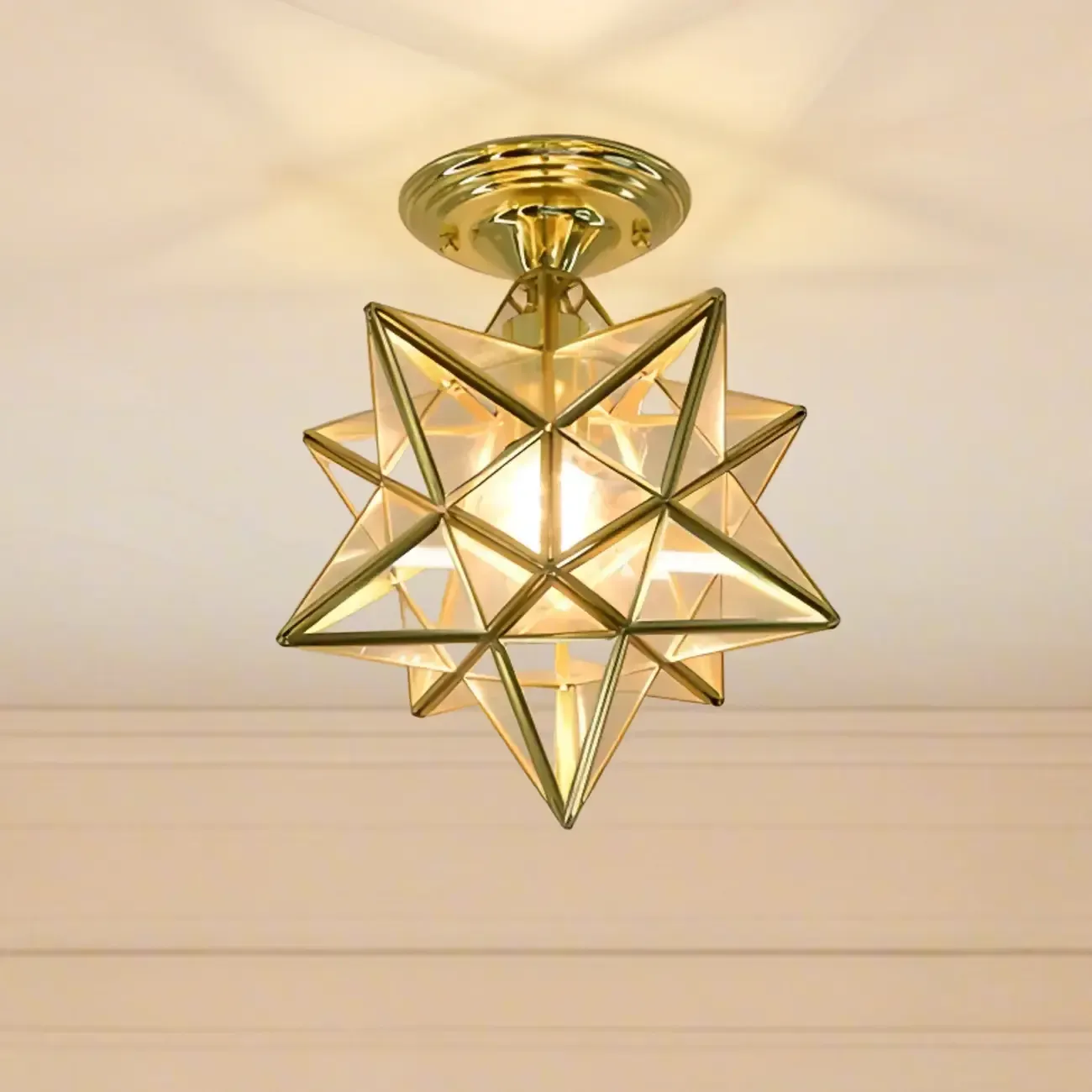 Gold Star Glass Shade Metal Semi Flush Ceiling Light Image - 3