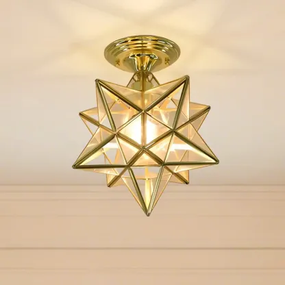 Gold Star Glass Shade Metal Semi Flush Ceiling Light Image - 3