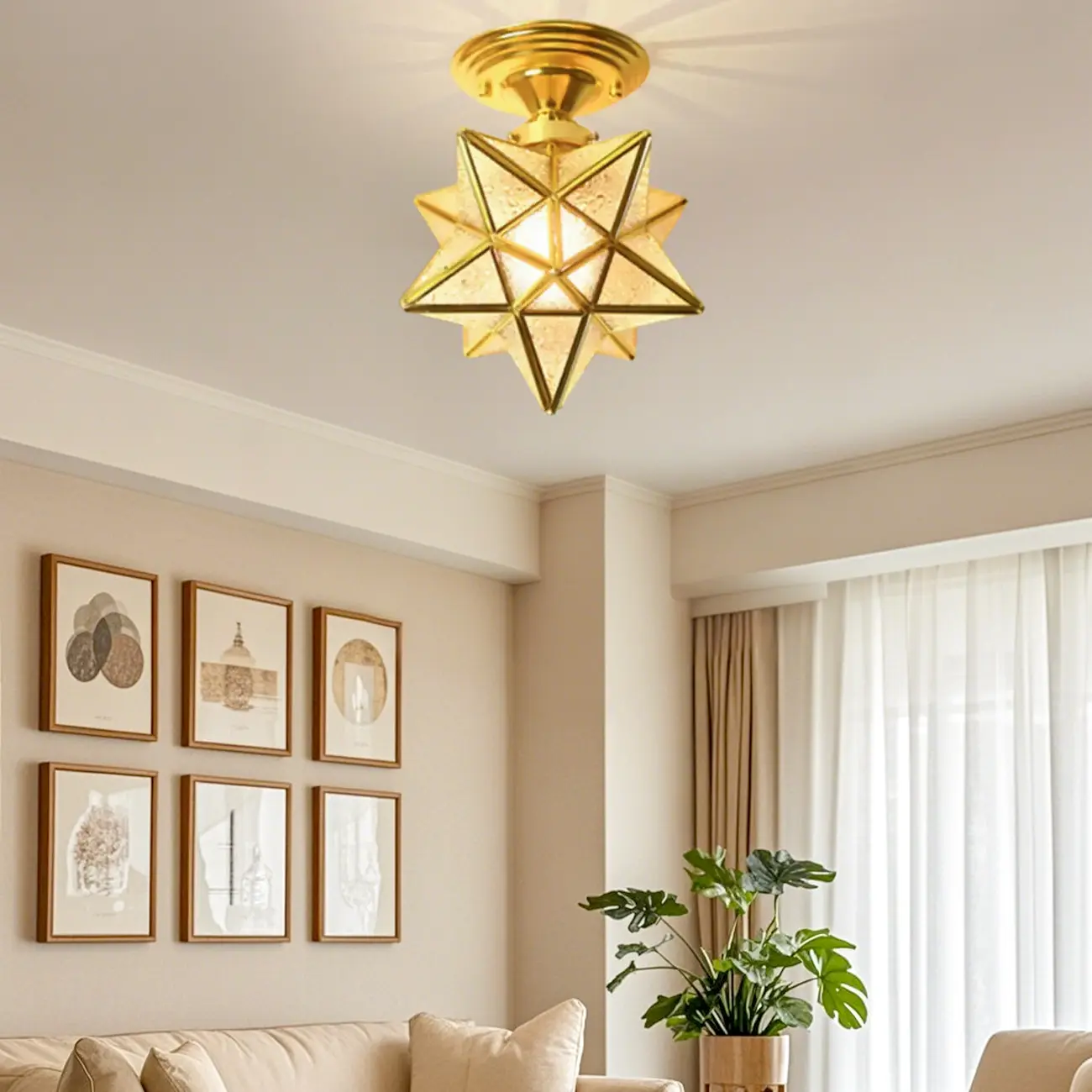 Gold Star Glass Shade Metal Semi Flush Ceiling Light Image - 4 | homeyfad