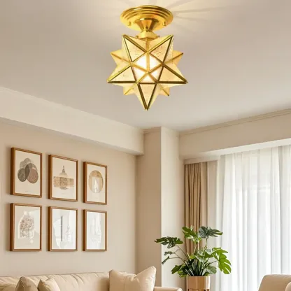 Gold Star Glass Shade Metal Semi Flush Ceiling Light Image - 4