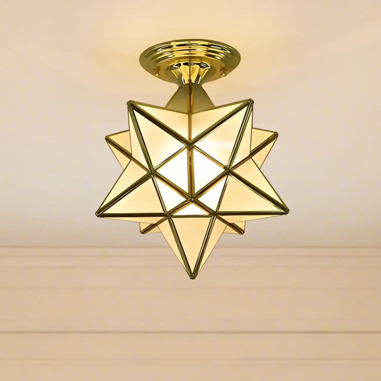 Gold Star Glass Shade Metal Semi Flush Ceiling Light Image - 5