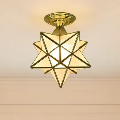 Gold Star Glass Shade Metal Semi Flush Ceiling Light Image - 5