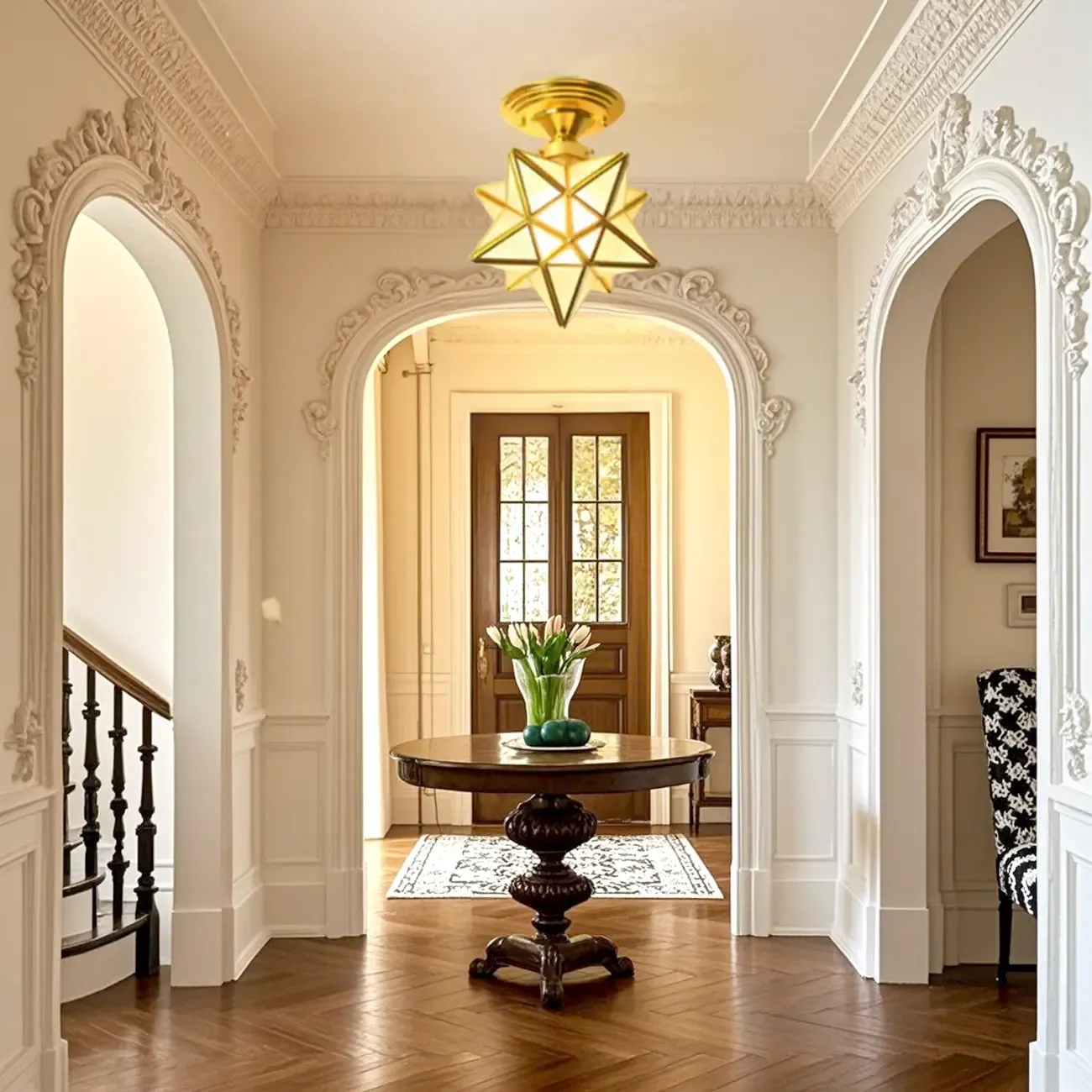 Gold Star Glass Shade Metal Semi Flush Ceiling Light Image - 6