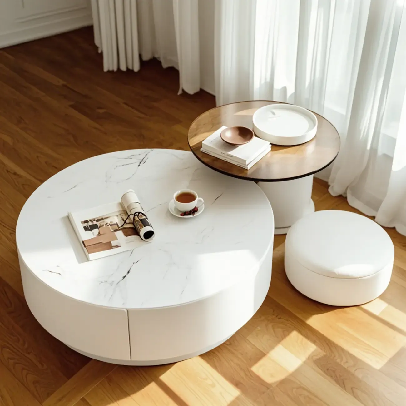 Modern Wood Round Nesting Coffee Table with 2 Drawers Image - 1