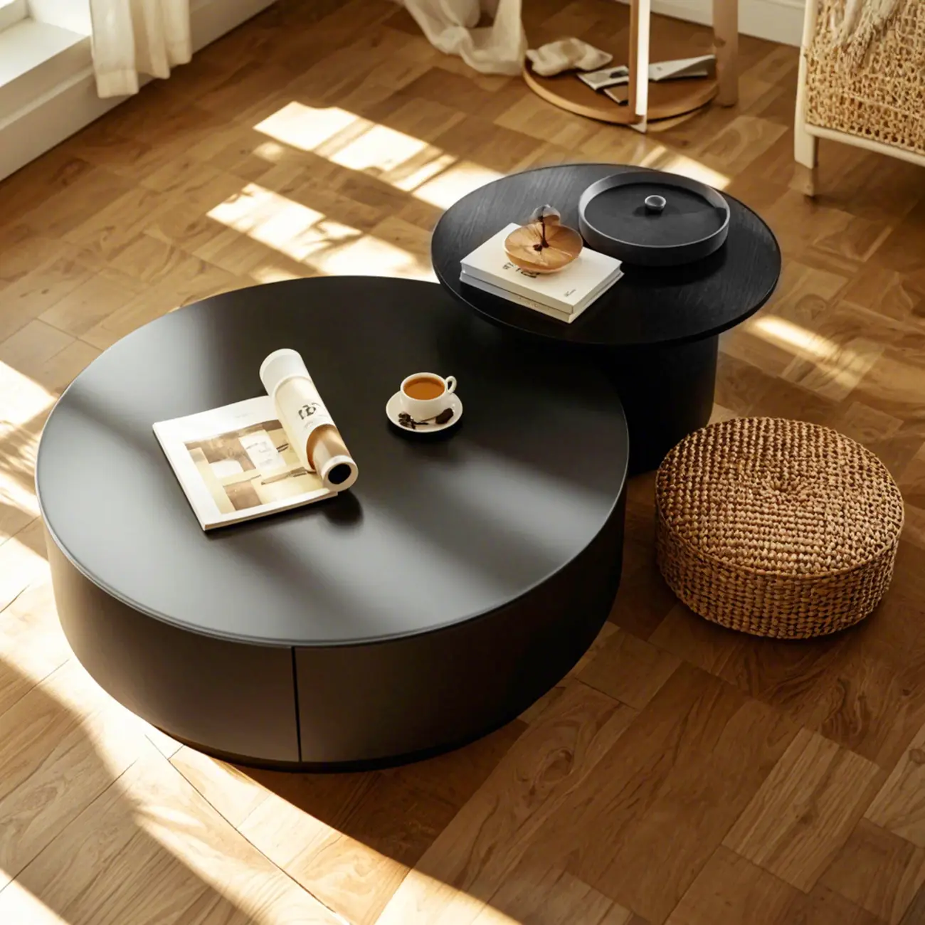 Modern Wood Round Nesting Coffee Table with 2 Drawers Image - 2 | homeyfad