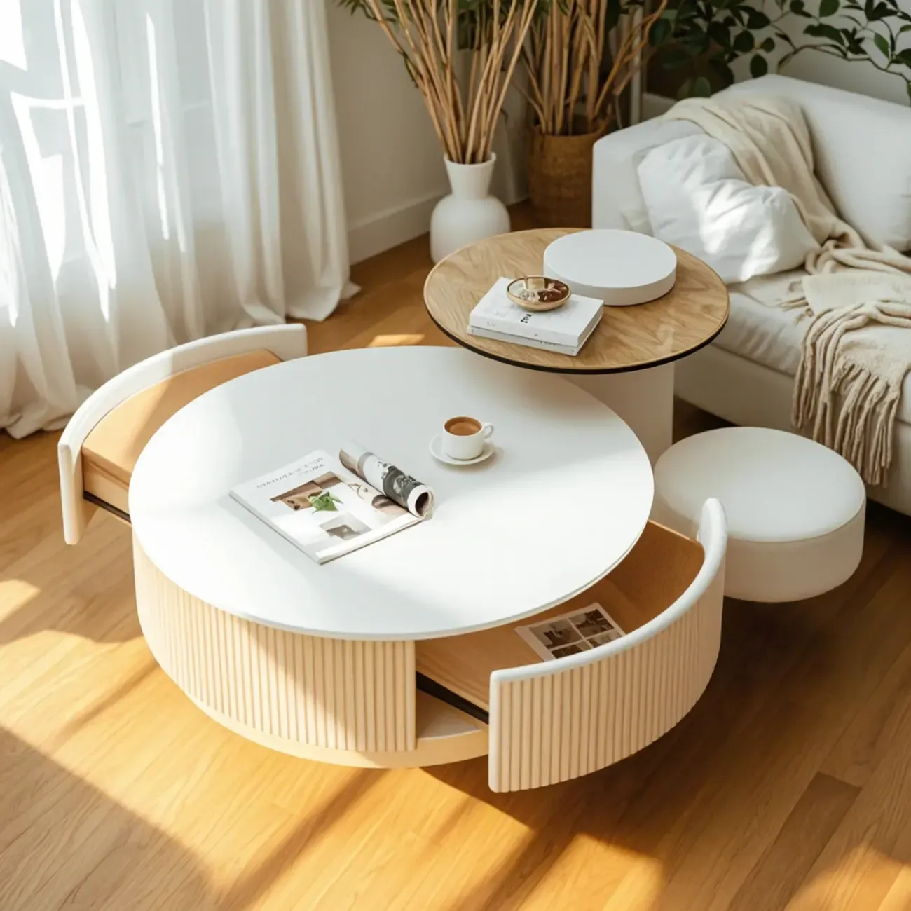 Modern Wood Round Nesting Coffee Table with 2 Drawers Image - 3