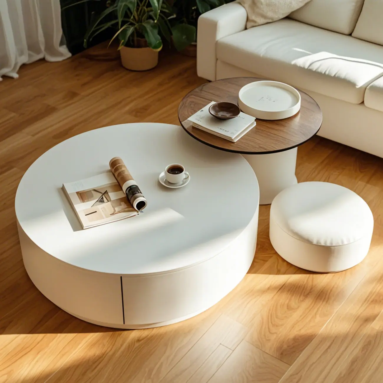 Modern Wood Round Nesting Coffee Table with 2 Drawers Image - 7 | homeyfad