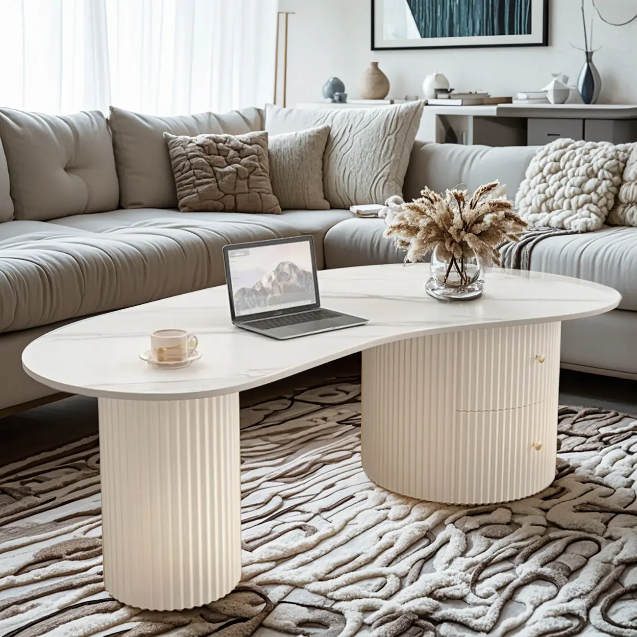 Minimalist Standard White Oval Coffee Table with 2 Drawers Image - 1 | homeyfad