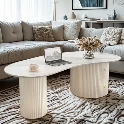 Minimalist Standard White Oval Coffee Table with 2 Drawers Image - 1