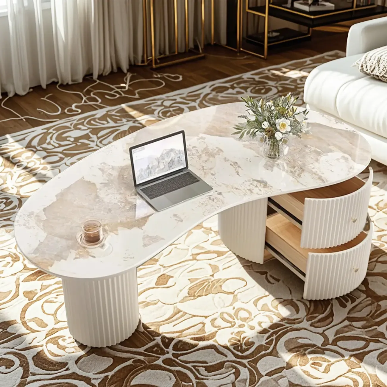 Minimalist Standard White Oval Coffee Table with 2 Drawers Image - 2