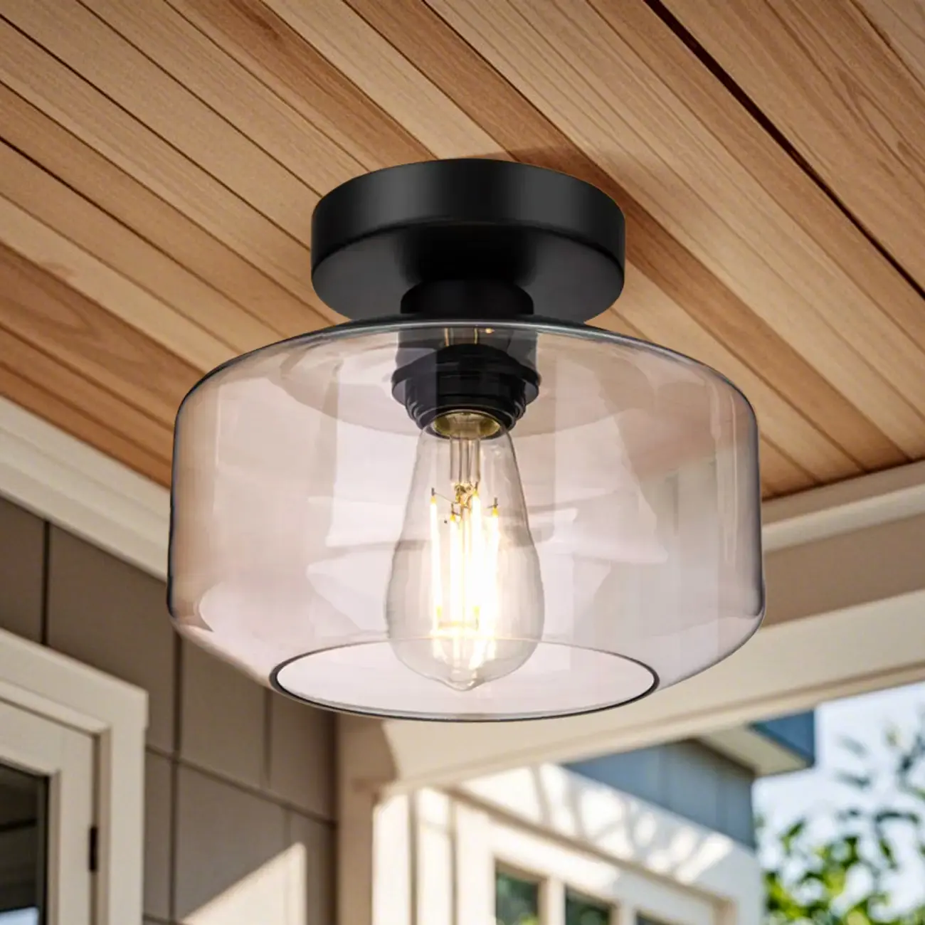 Industrial Semi Flush Ceiling Light Clear Glass Shade for Hallway Image - 2 | homeyfad