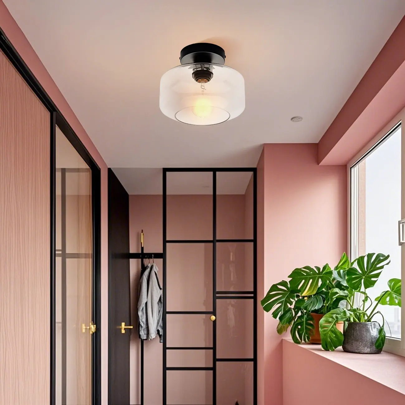 Industrial Semi Flush Ceiling Light Clear Glass Shade for Hallway Image - 3 | homeyfad