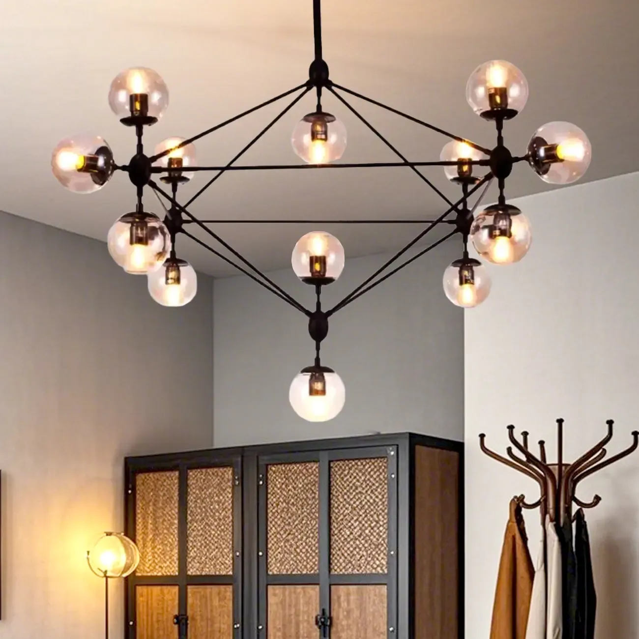 Industrial Black Globe Chandelier with Cognac Glass Shades  Image - 1