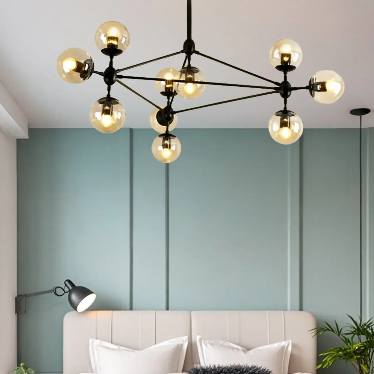 Industrial Black Globe Chandelier with Cognac Glass Shades  Image - 2