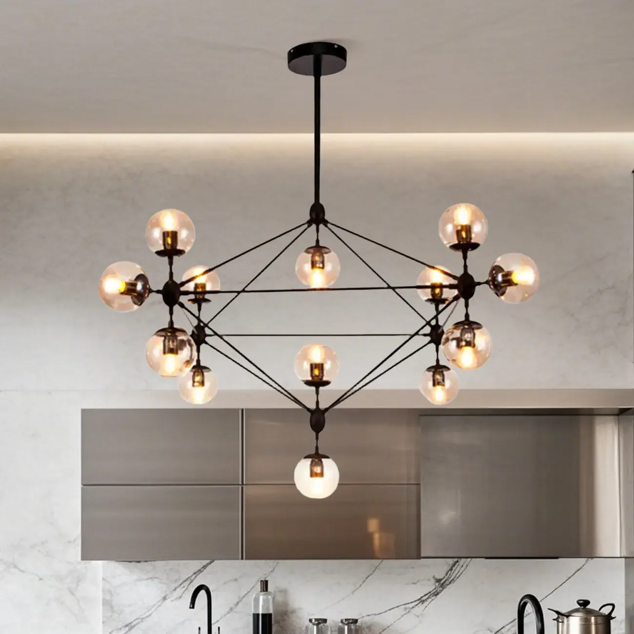 Industrial Black Globe Chandelier with Cognac Glass Shades  Image - 16