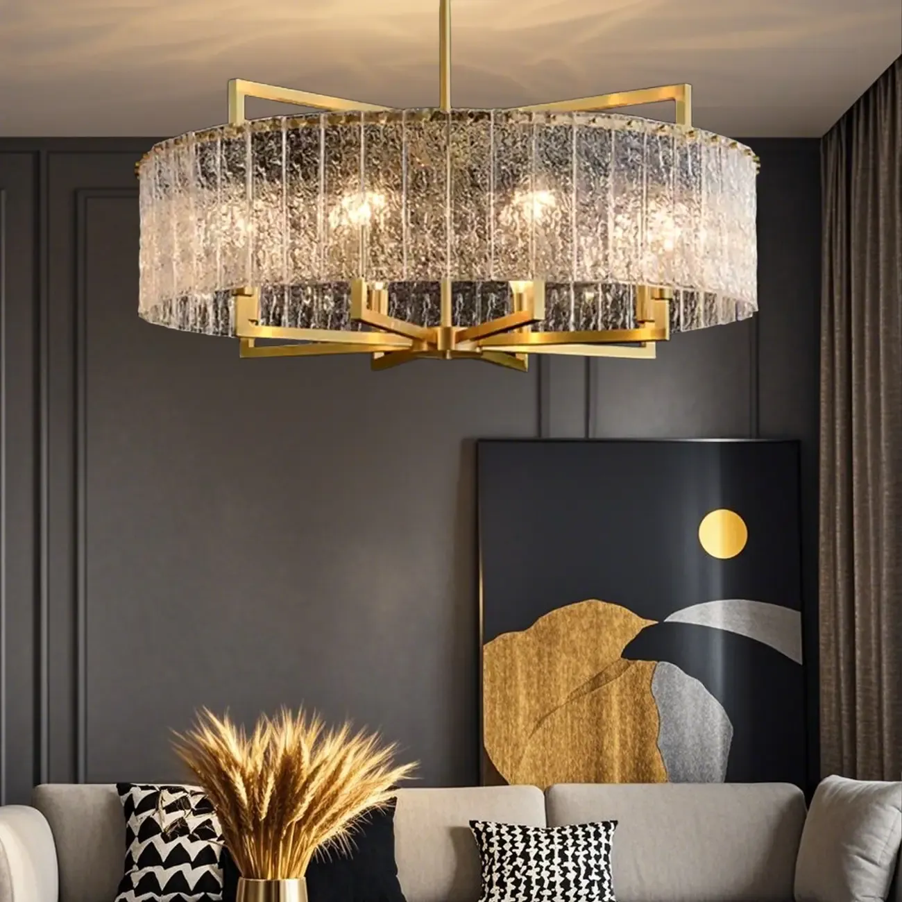 Modern Crystal Round Chandelier with Gold Frame for Decor Image - 1