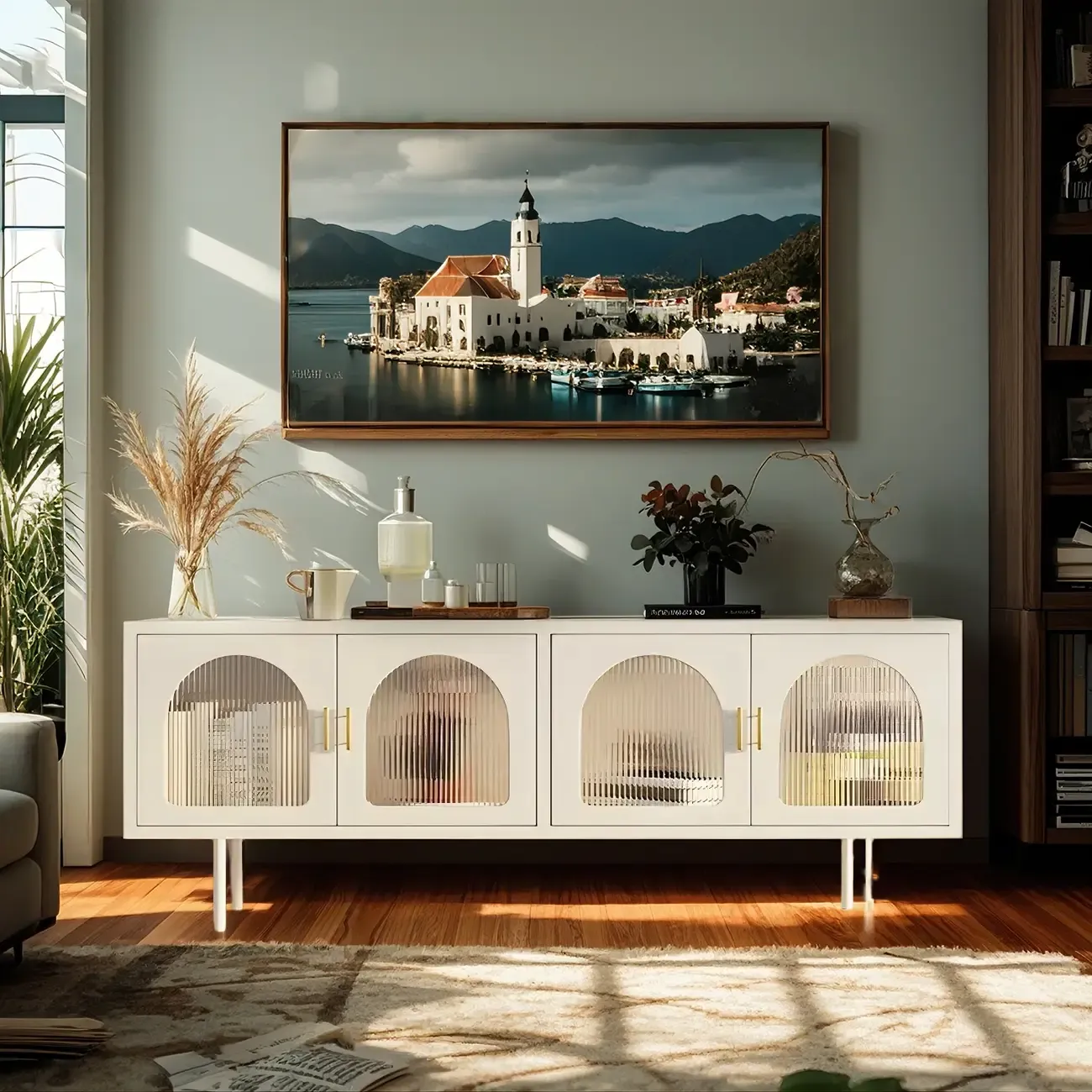 Durable Metal Juliet Arc TV Stand with Cabinet for Living Room Image - 1