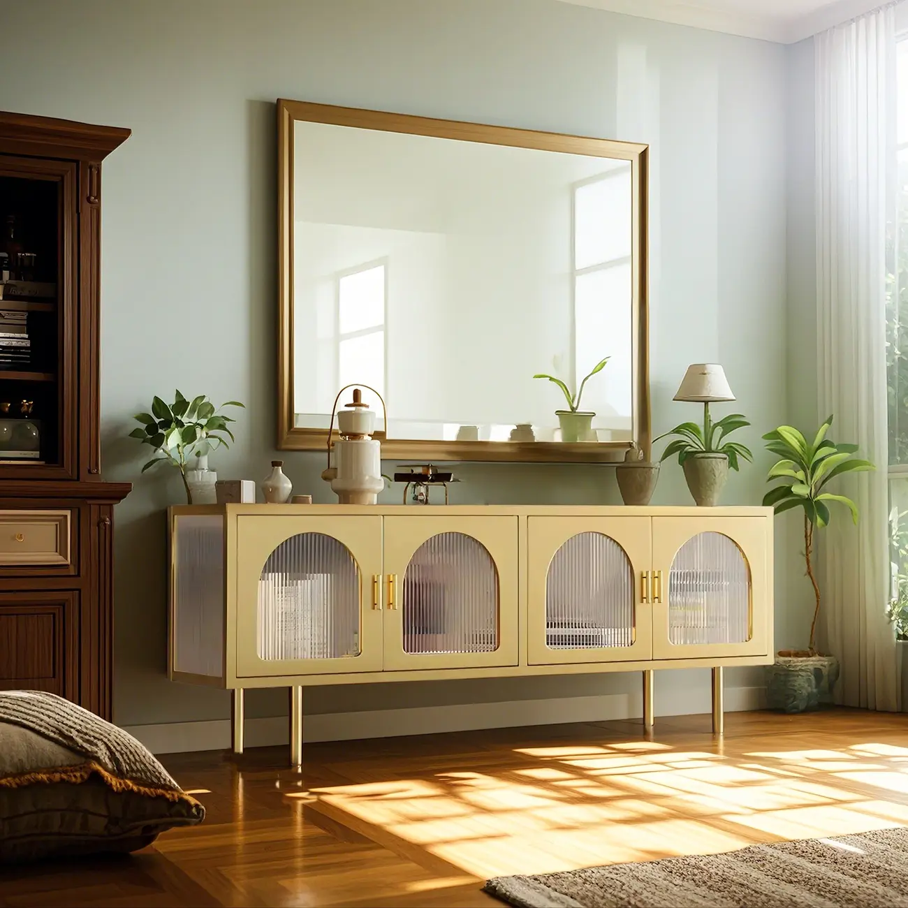 Durable Metal Juliet Arc TV Stand with Cabinet for Living Room Image - 2 | homeyfad