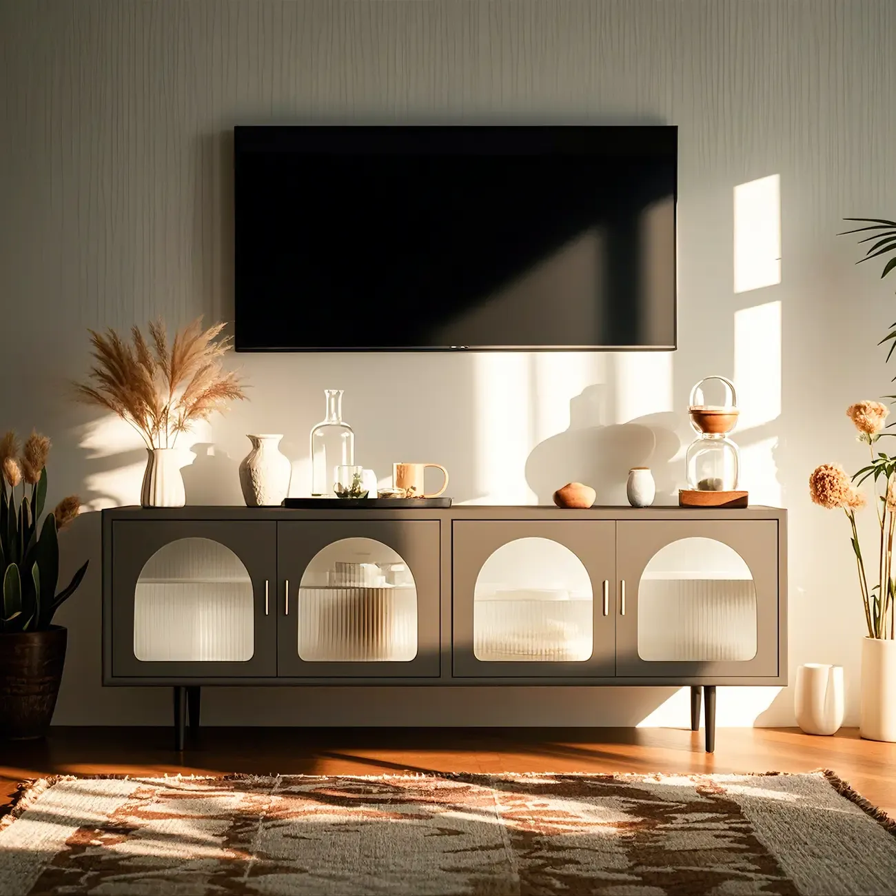 Durable Metal Juliet Arc TV Stand with Cabinet for Living Room Image - 3
