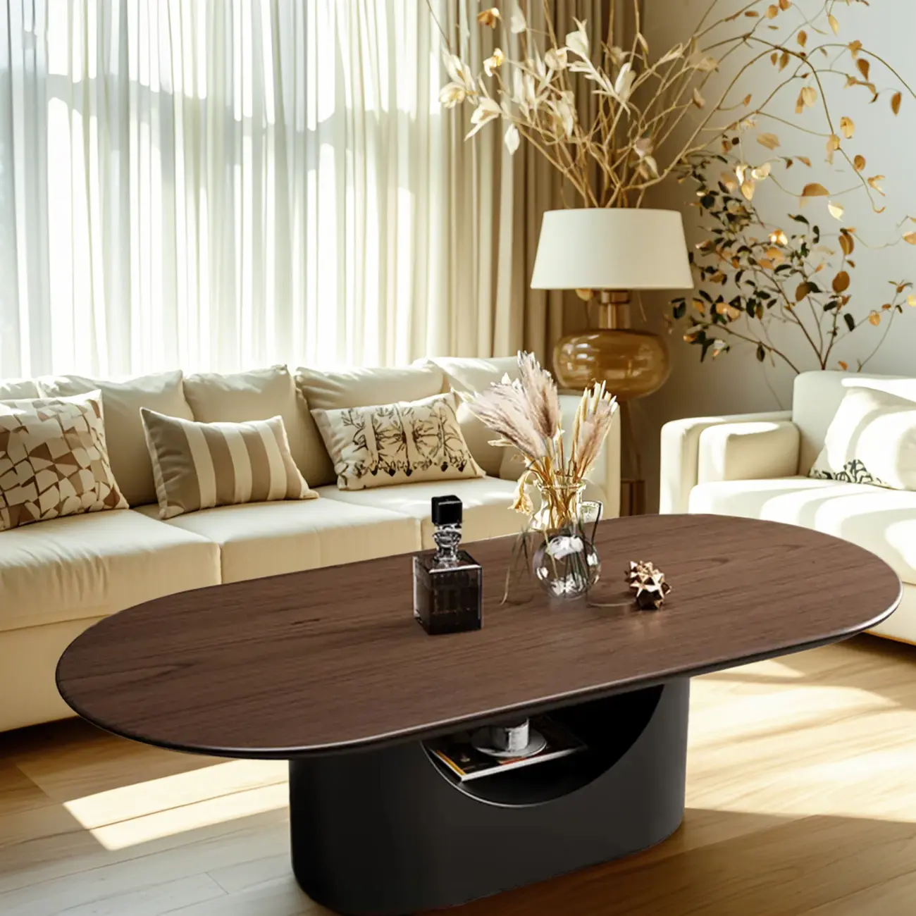 Modern Oval Black Wood Coffee Table with Hidden Storage  Image - 1 | homeyfad