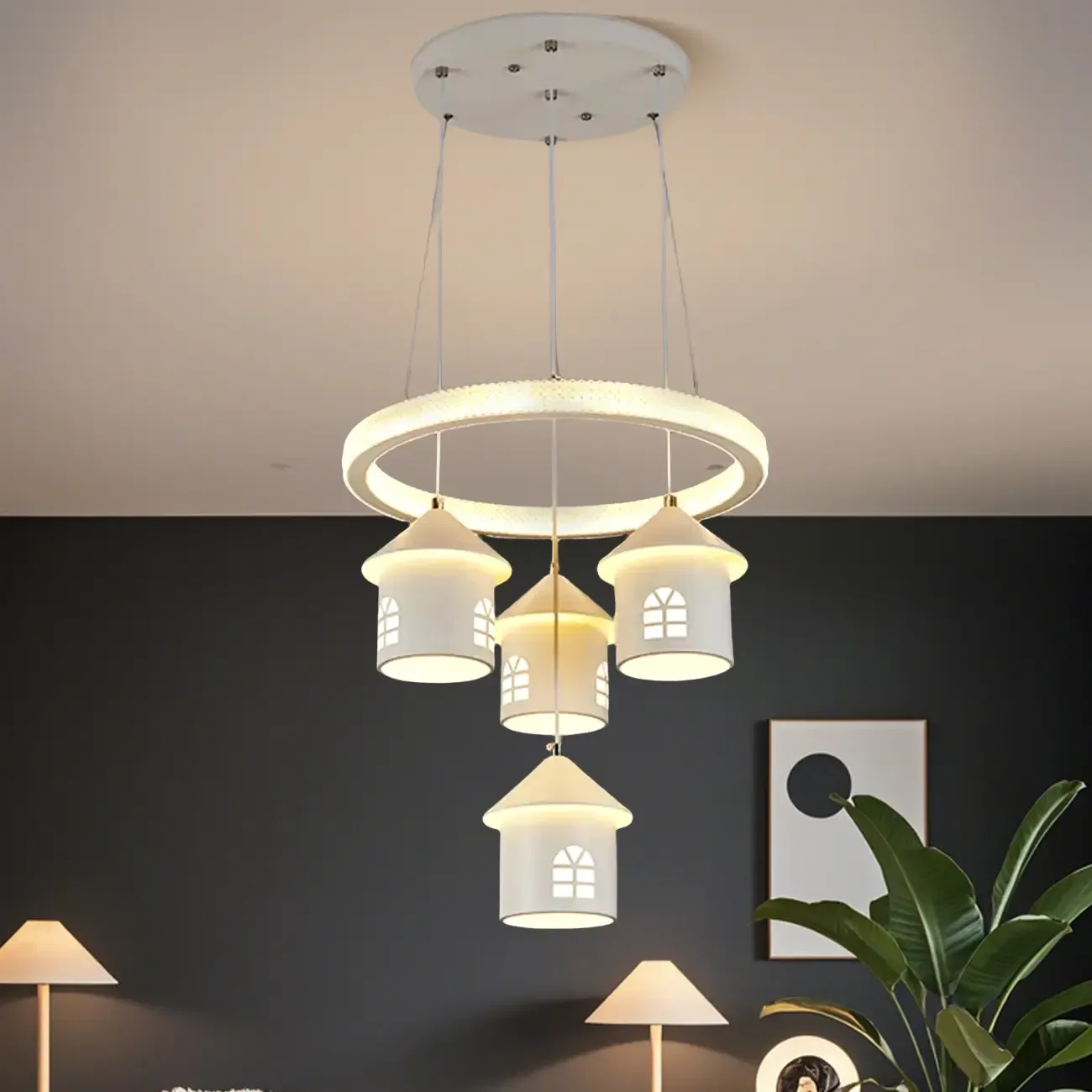Modern 4-Light LED Chandelier with Unique House Design  Image - 1