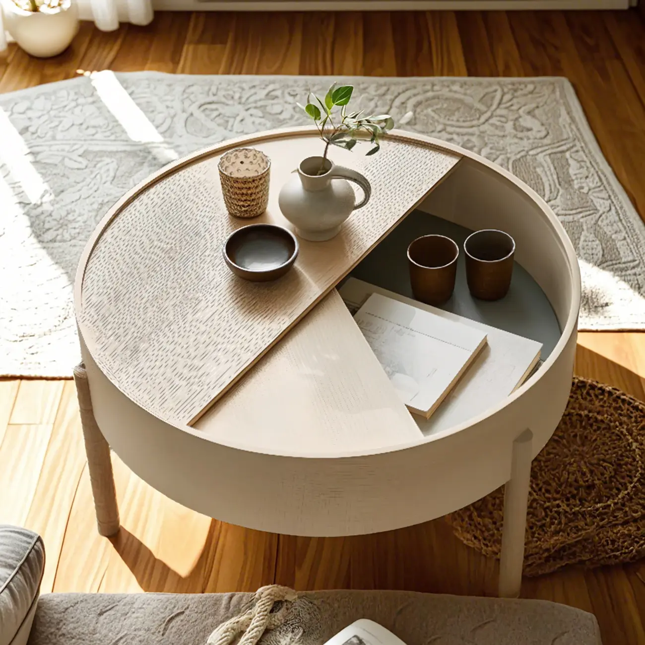 Scandinavian Indoor Round Coffee Table with Tray Top Image - 2 | homeyfad
