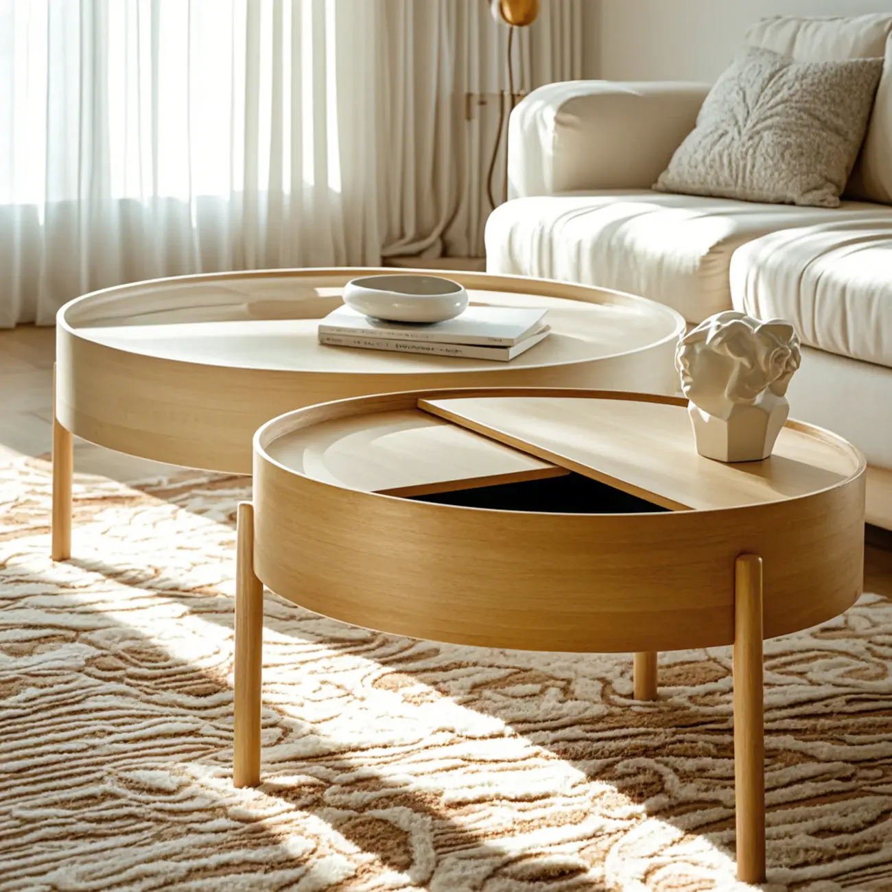 Scandinavian Indoor Round Coffee Table with Tray Top Image - 3 | homeyfad