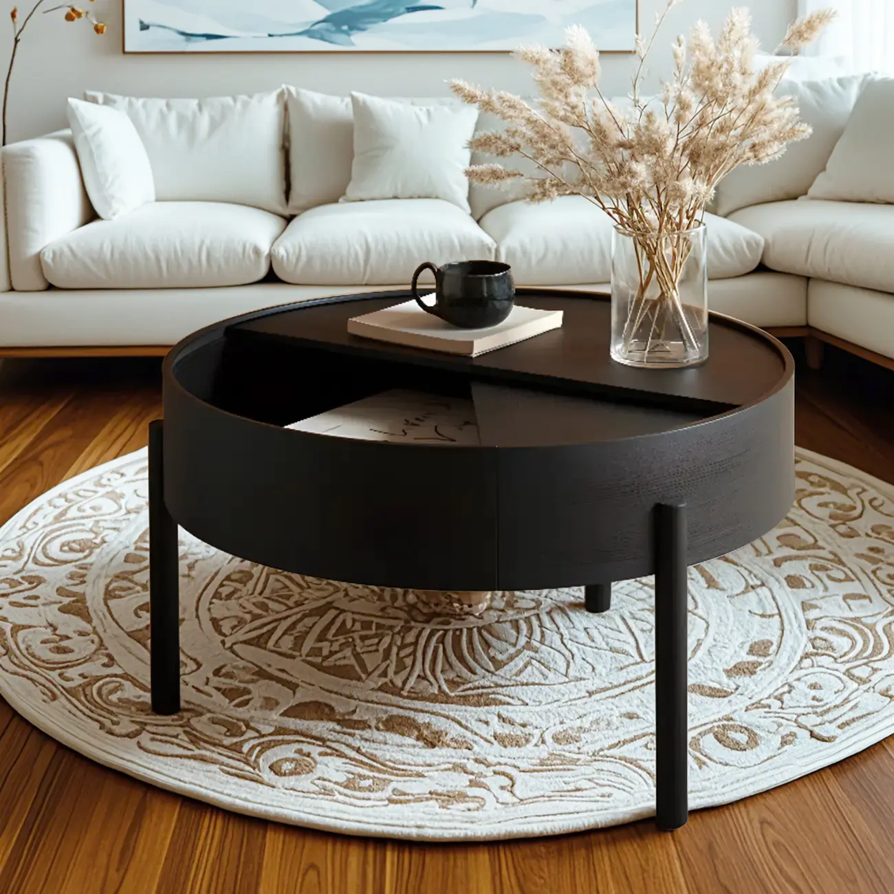 Scandinavian Indoor Round Coffee Table with Tray Top Image - 1 | homeyfad