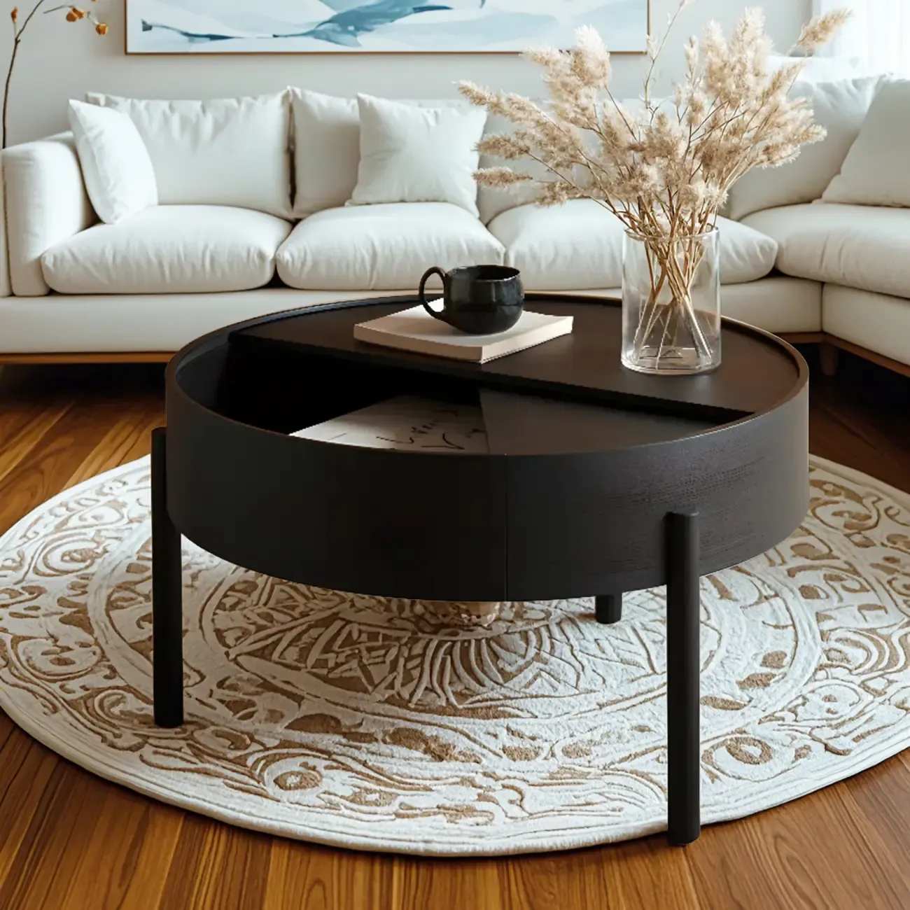 Scandinavian Indoor Round Coffee Table with Tray Top Image - 1