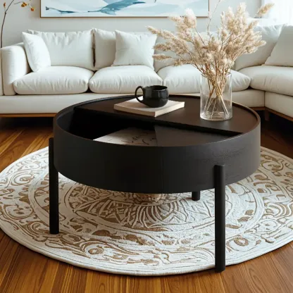 Scandinavian Indoor Round Coffee Table with Tray Top Image - 1