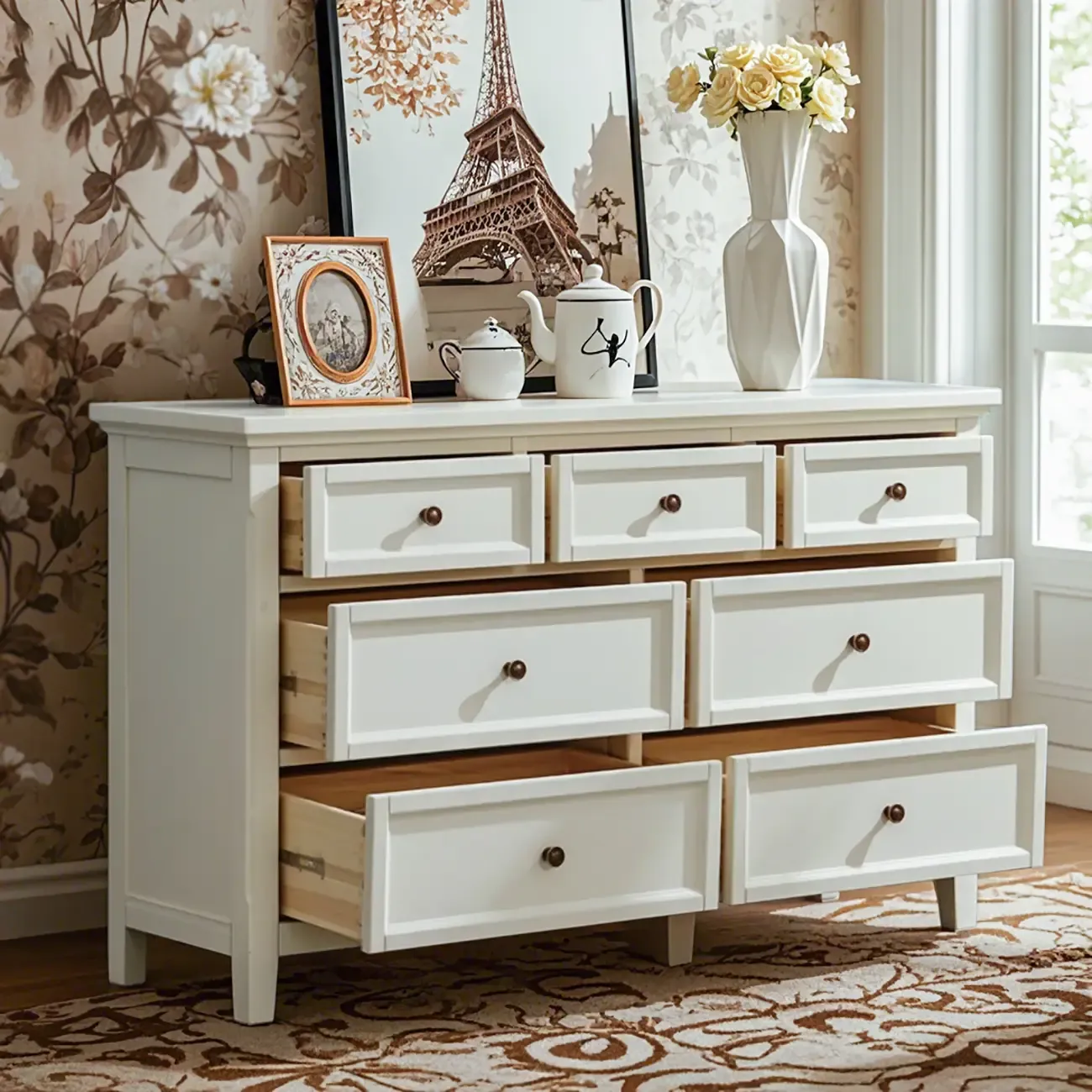 Contemporary White Wooden Double Dresser for Bedroom Use Image - 3