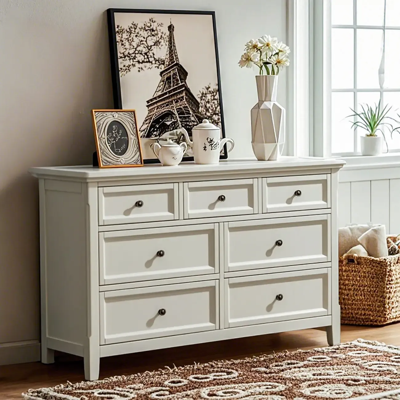 Contemporary White Wooden Double Dresser for Bedroom Use Image - 2