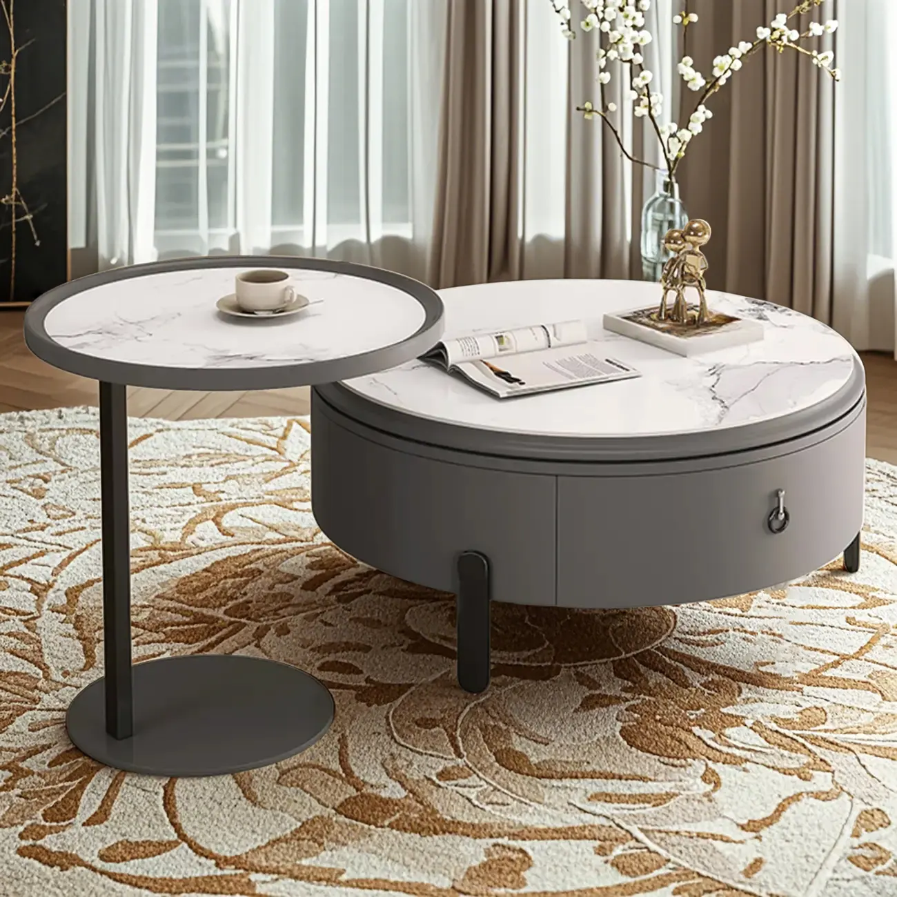 Gray Round Nesting Coffee Table with Storage, Lift Top Image - 1 | homeyfad