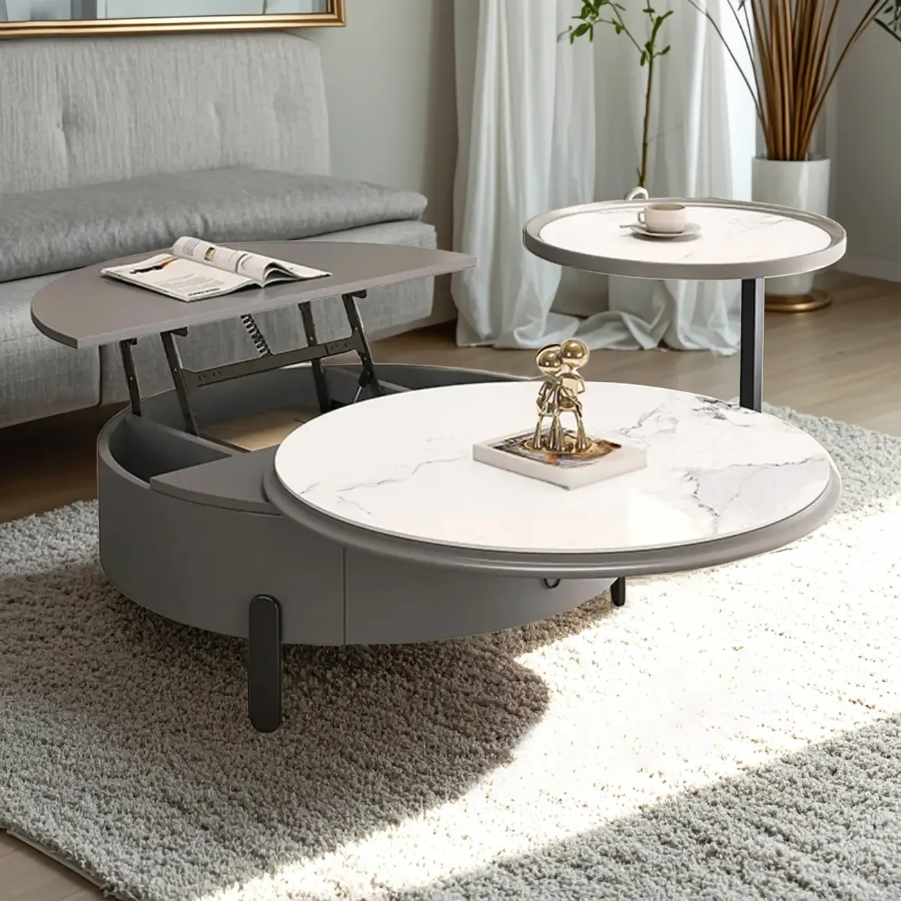 Gray Round Nesting Coffee Table with Storage, Lift Top Image - 2