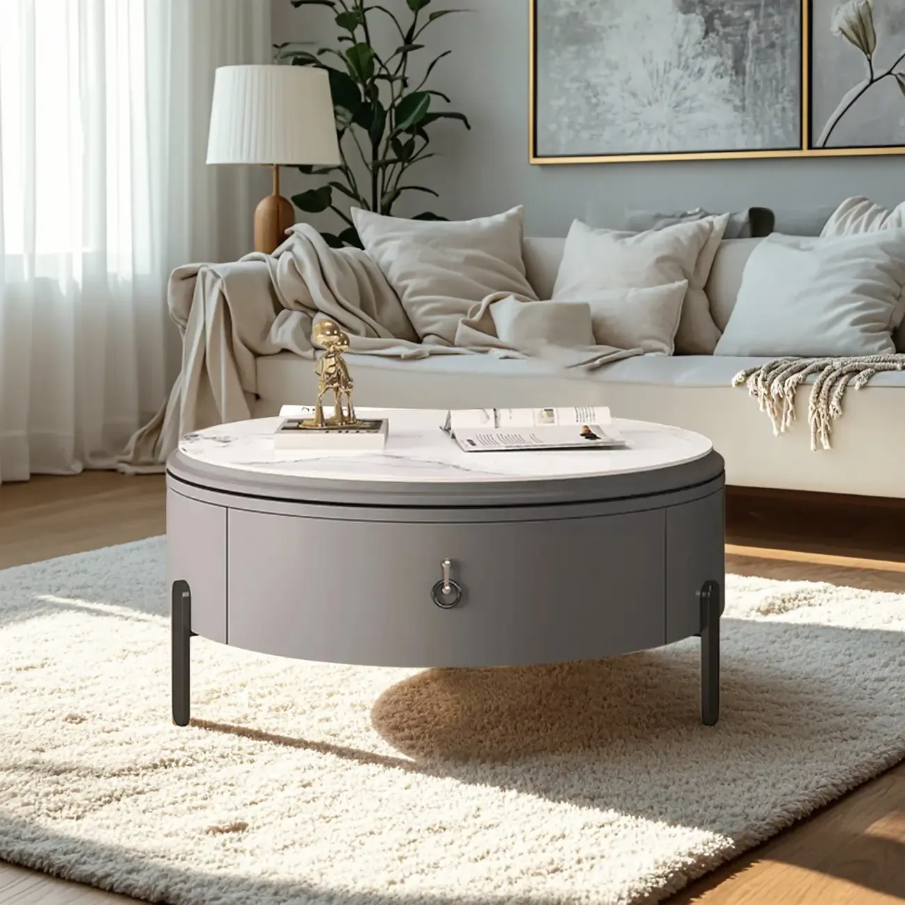 Gray Round Nesting Coffee Table with Storage, Lift Top Image - 3