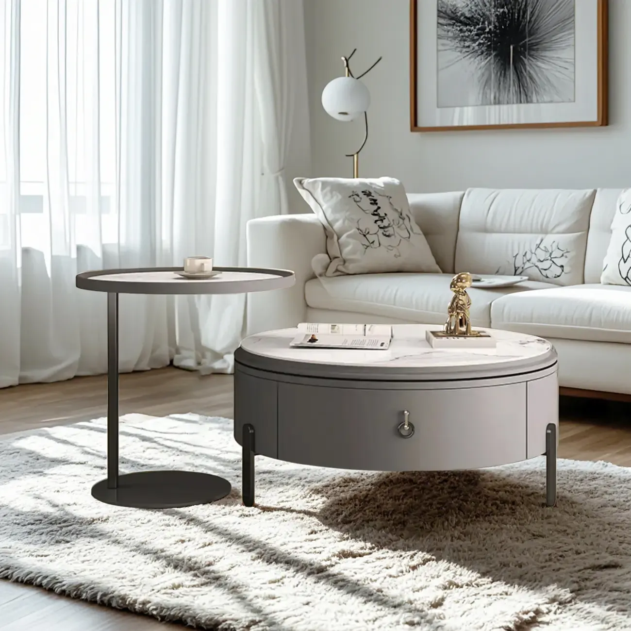 Gray Round Nesting Coffee Table with Storage, Lift Top Image - 4