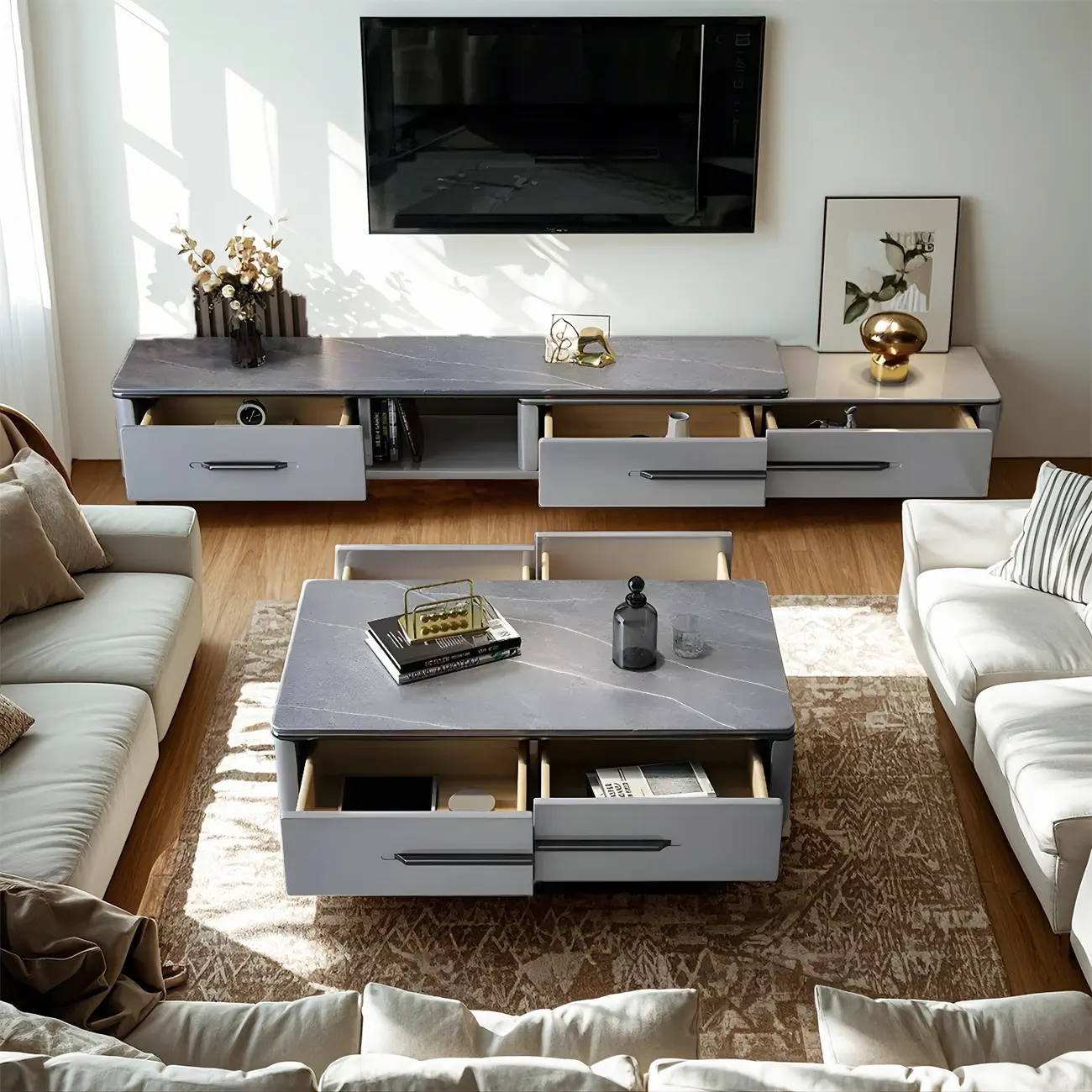 Contemporary Stone Mueble Para TV Stand with Drawer for Home Image - 3 | homeyfad