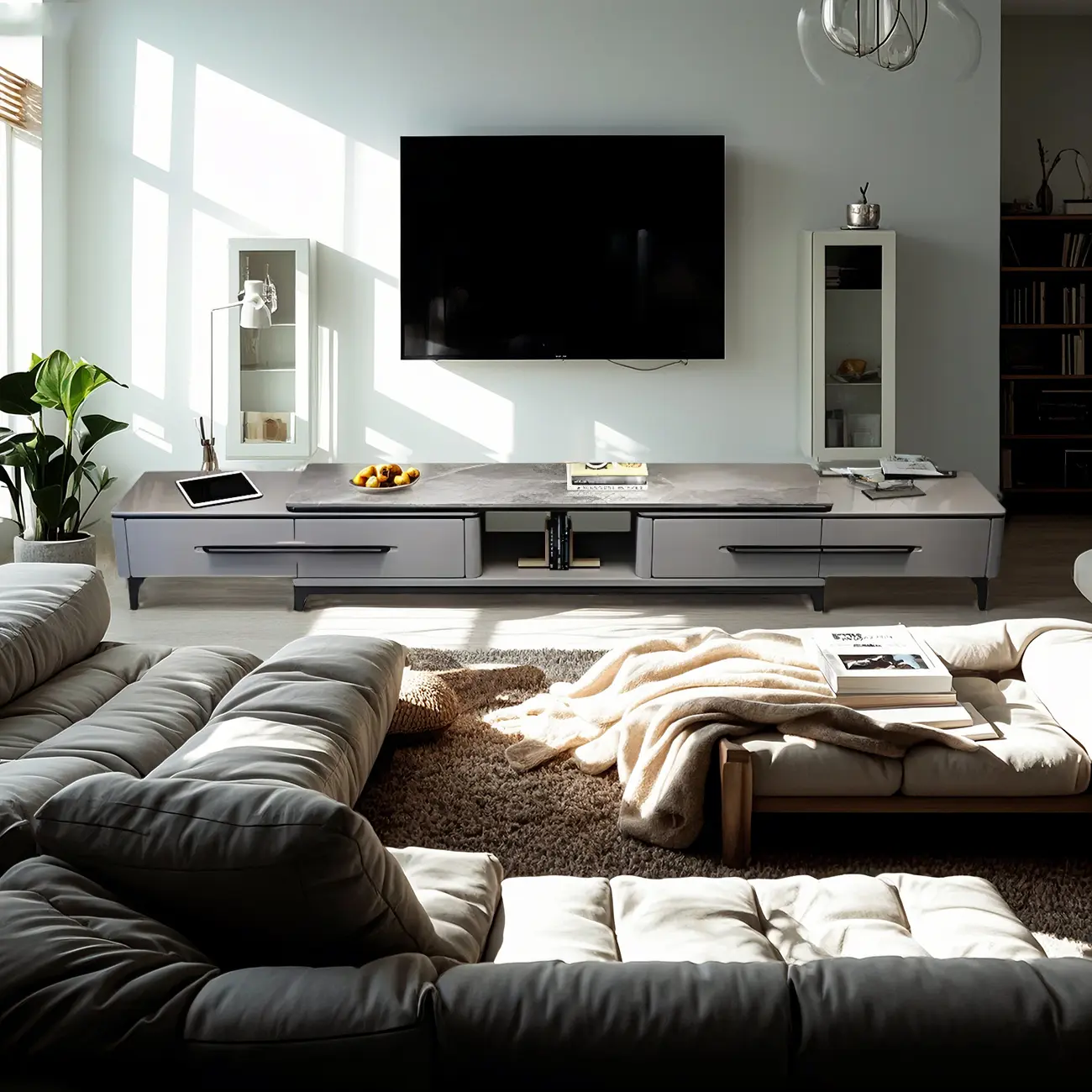Contemporary Stone Mueble Para TV Stand with Drawer for Home Image - 2 | homeyfad