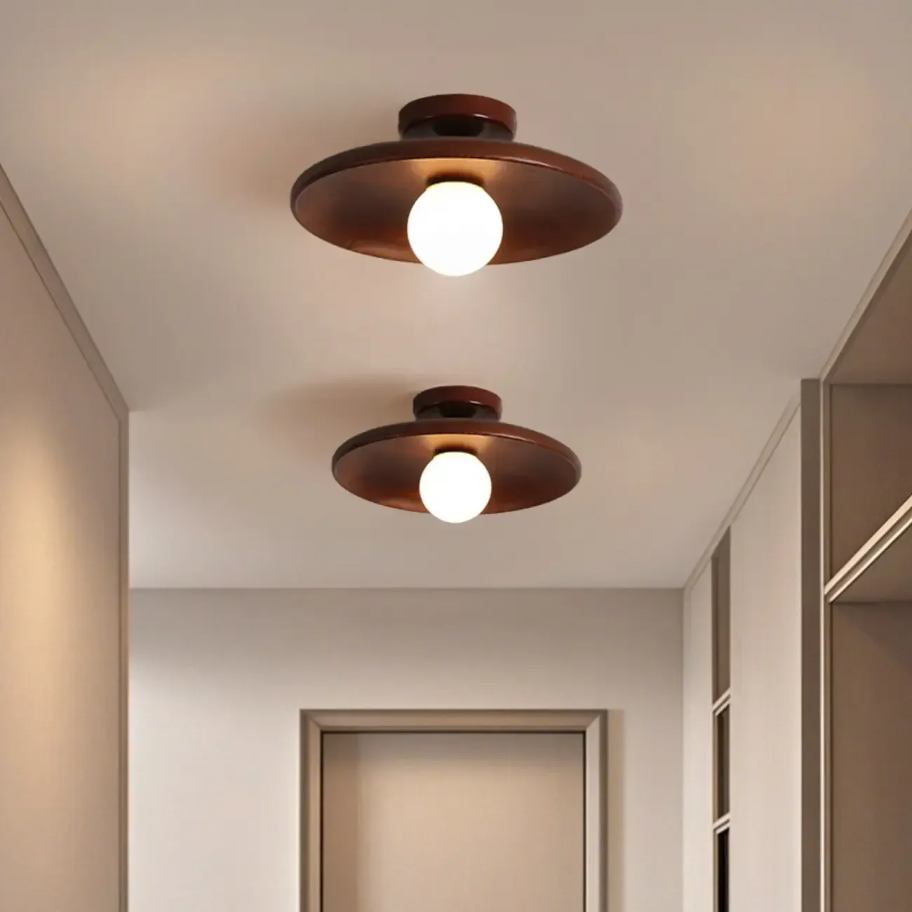 Vintage Solid Wood Semi-Flush Ceiling Light for Entryway Image - 2