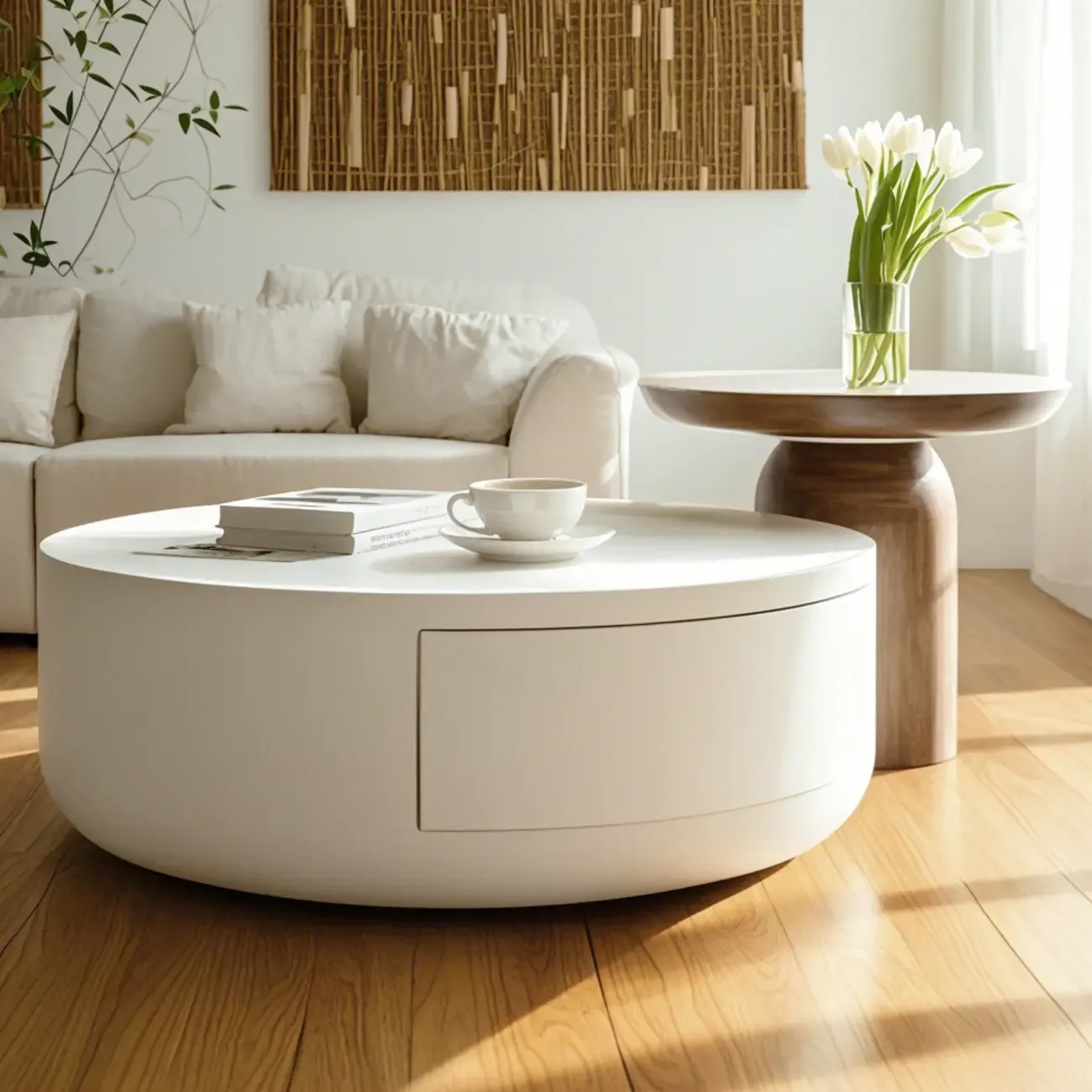 Modern White Round Coffee Table with Wood Base & Tray Top Image - 1