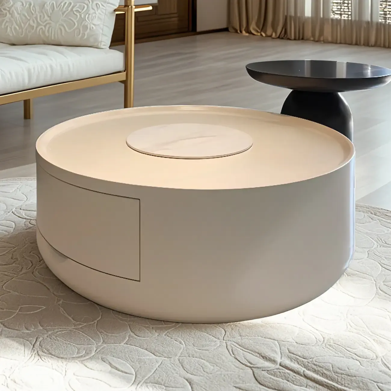 Modern White Round Coffee Table with Wood Base & Tray Top Image - 5