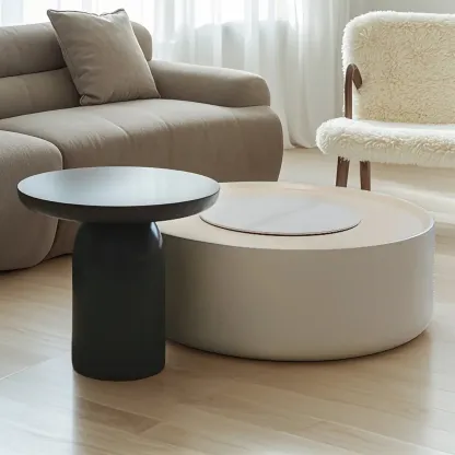 Modern White Round Coffee Table with Wood Base & Tray Top Image - 6